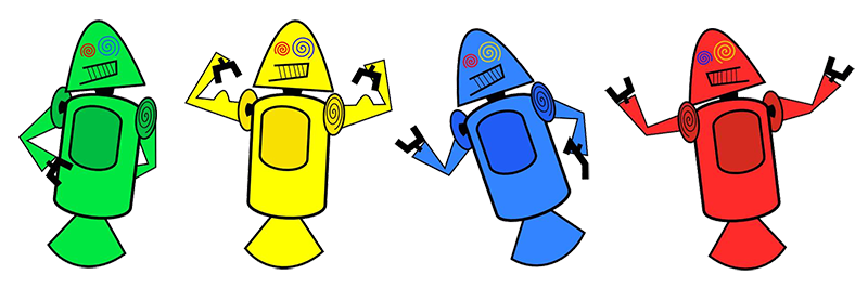 Imagem mostrando quatro dan droids com cores diferentes